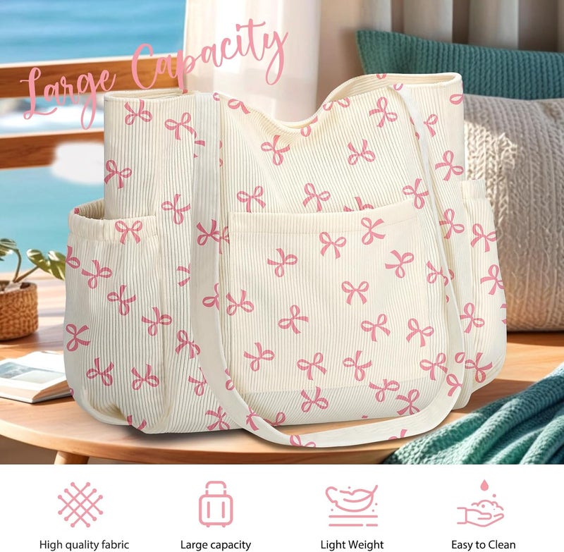 Hatisan Corduroy Tote Bag for Women,Large Capacity Cute Tote Bags With 6 Pockets,Crossbody Shoulder Handbag for Work Travel Gym - Image 4